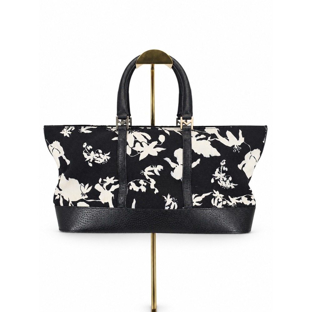 Michael Kors Black White Floral Canvas Leather Tote Bag SAR01 Made in France